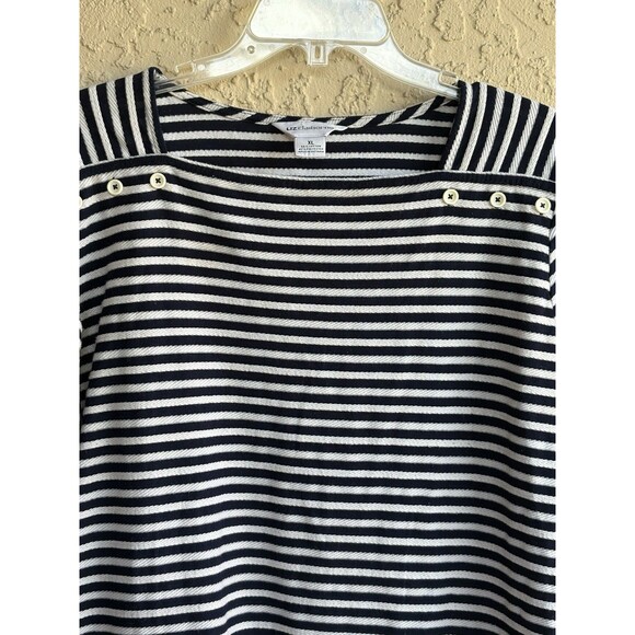 Liz Claiborne Texture Knit Black Off White Striped Women's XL Stretch Blouse - Picture 10 of 10